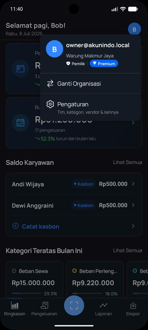 Profile menu with Pengaturan